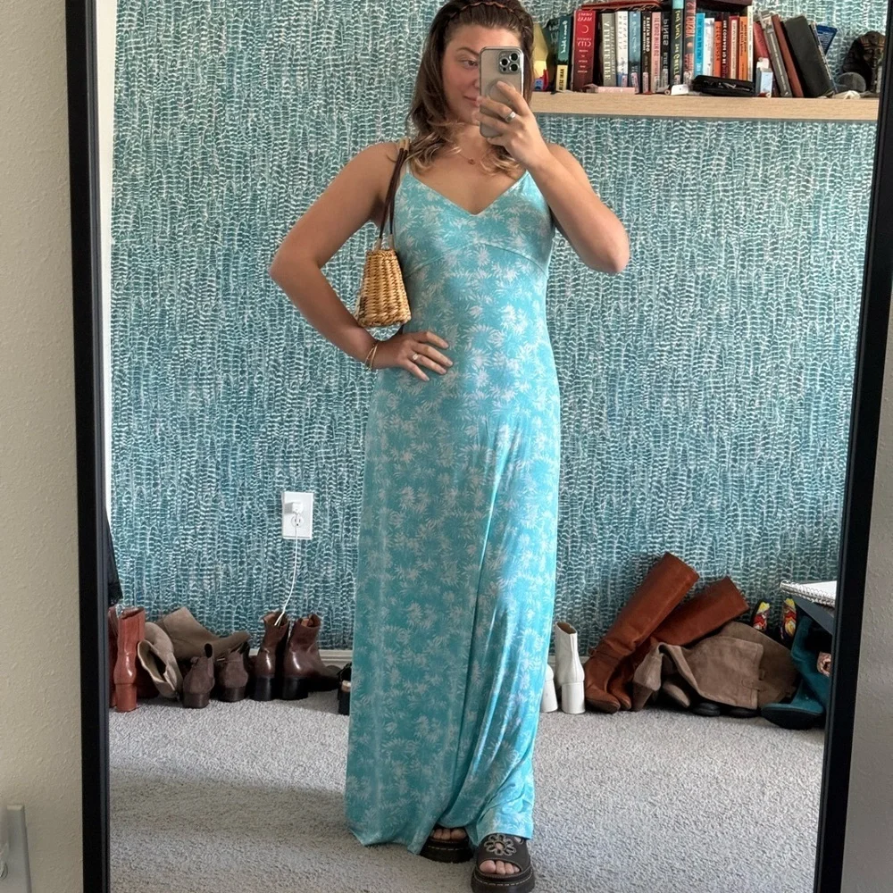 Michael Khors Light Blue Palm-Print Slip Maxi Dress
